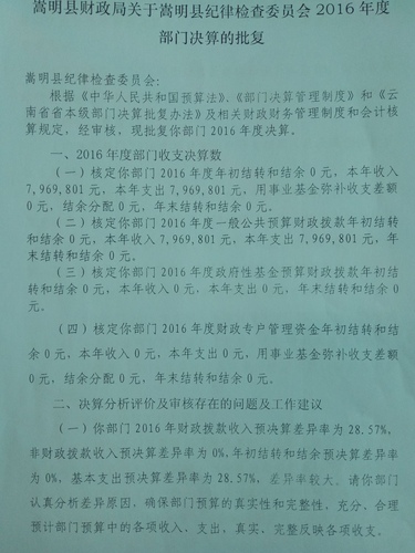 嵩明县财政局关于嵩明县纪律检查委员会2016年度部门决算的批复1