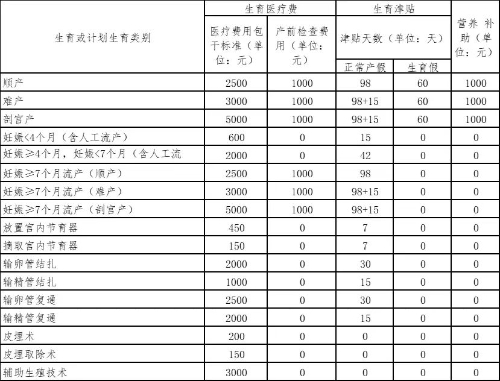 生育医疗费用及津贴支付标准