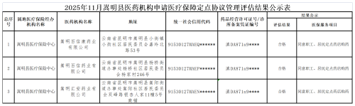 附件：2025年11月嵩明县医药机构申请医疗保障定点协议管理评估结果公示表